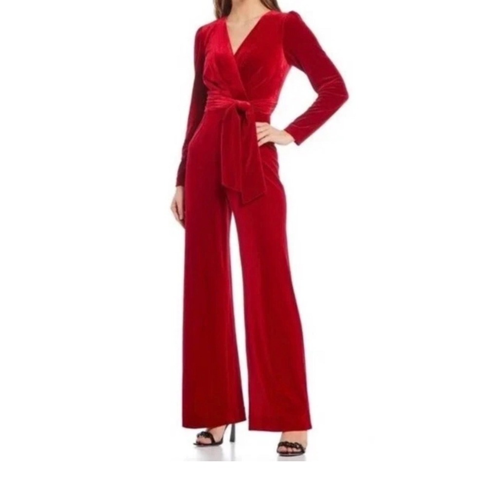 Antonio Melani Burgundy Red Velvet Long Sleeve Wide Leg Jumpsuit Size 2 Holiday